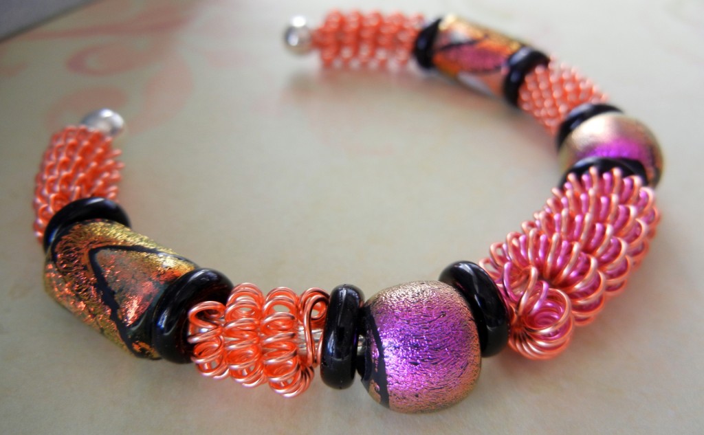 Coiled Artistic Wire bracelet with dichroic glass