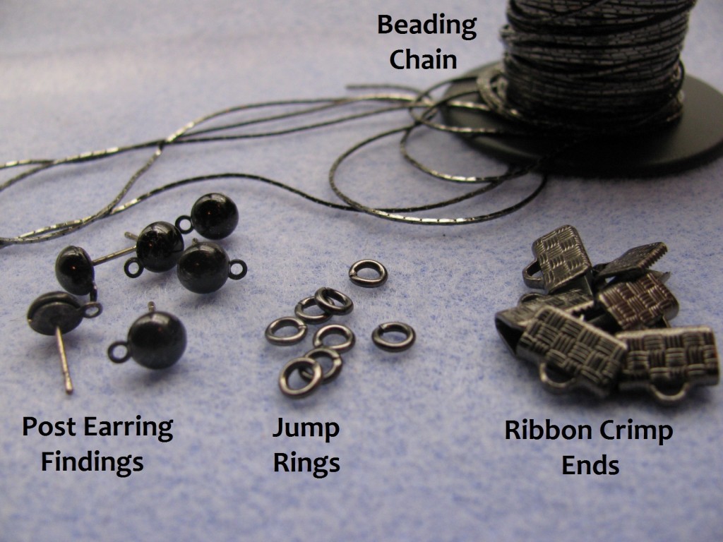 Supplies to make chain tassel earrings: Beading chain, post earring findings, jump rings, ribbon crimp ends