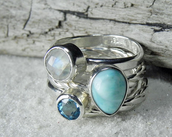 I love these stacking rings featuring Larimar, Topaz and Moonstone. These fabulous, handmade rings are by Liz of Fanta Sea Jewelry