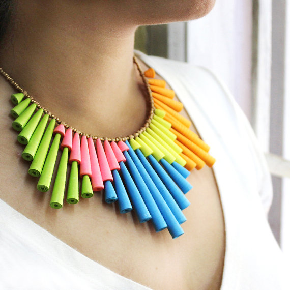 I love this Neon Bib Necklace by Devi Chand of HippieKingdom. It is made from handmade paper beads. 