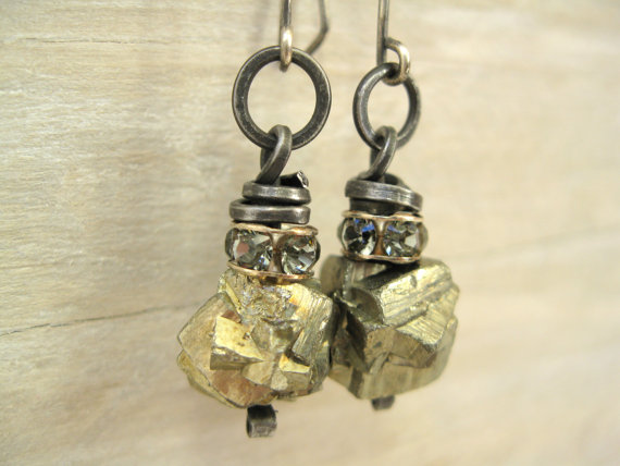 Pyrite is one of my favorite stones in the rough, and I especially love these pyrite and Swarovski earrings by  Sadena of Primrose and Scout Jewelry. 