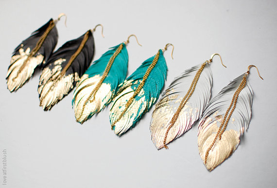 These feather earrings are basically the coolest earrings ever! They are made from leather and dipped in gold. If you must have a pair, check out Sabrina Chin's shop, Love At First Blush. 