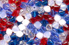 siam (red), white and sparkling sapphire blue crystal bicone bead mix