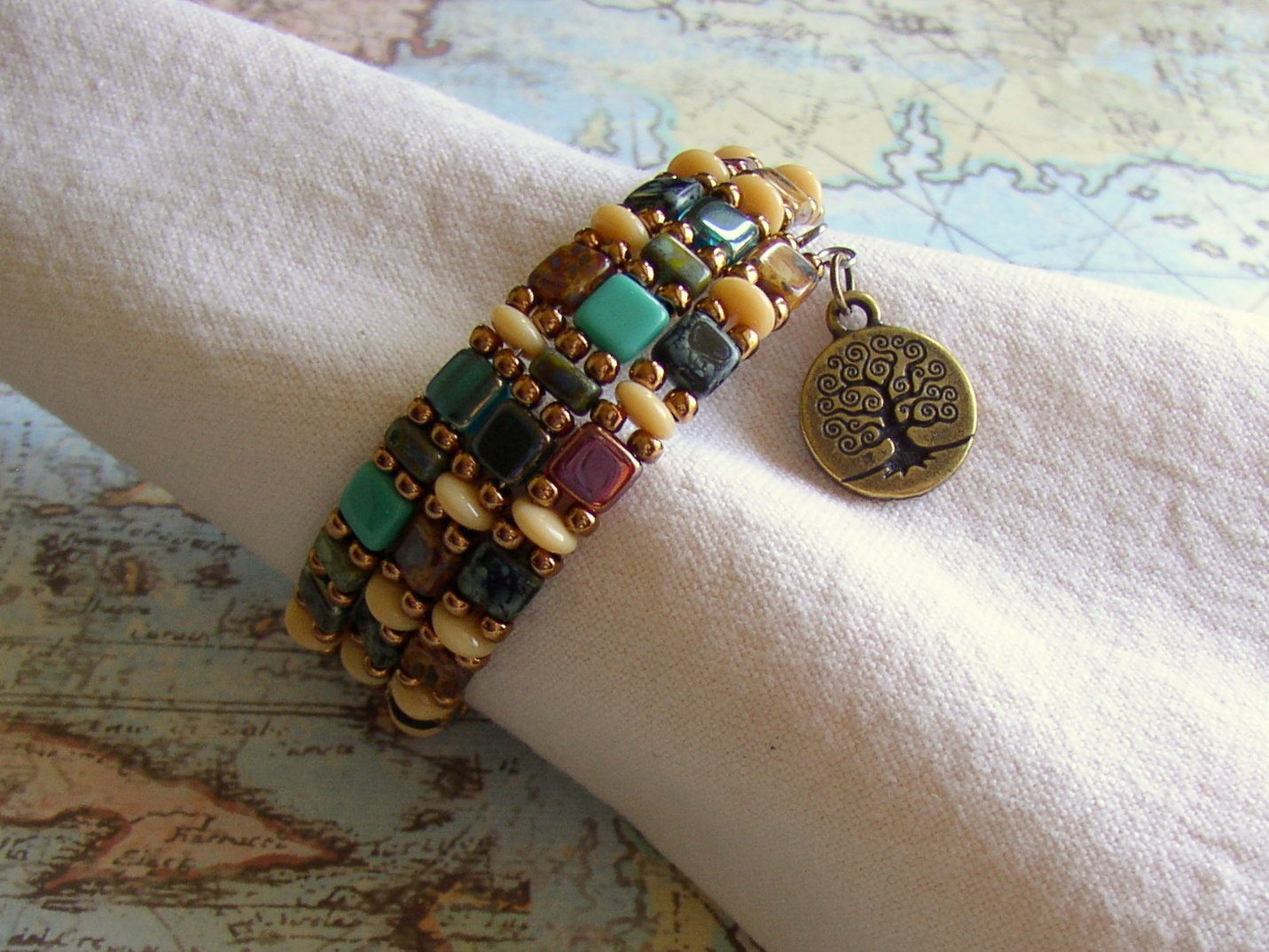 Beaded Leather Bracelet Tutorial with 2 Hole Tile Beads 